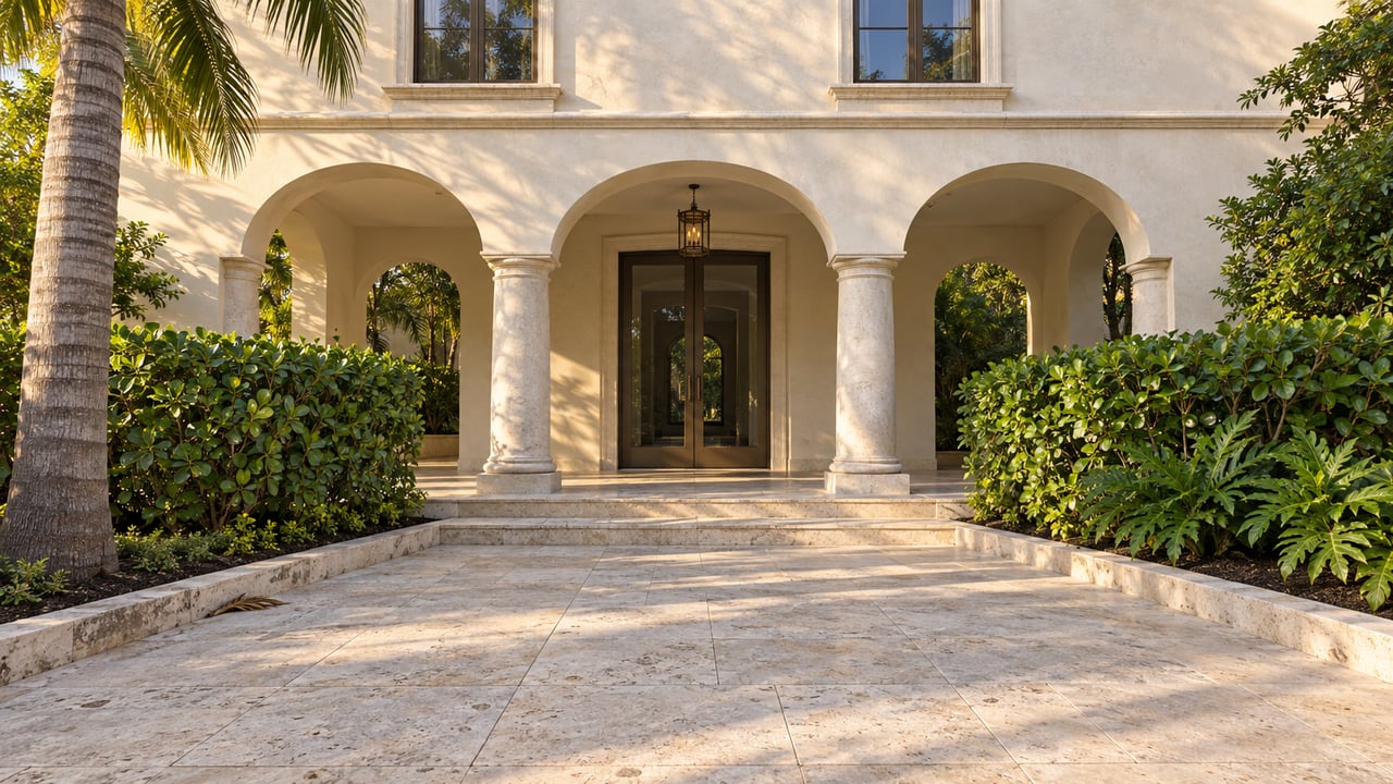 Pale stucco house with an arched loggia, bronze-framed glass entry, limestone approach and curated tropical planting in late-afternoon light.