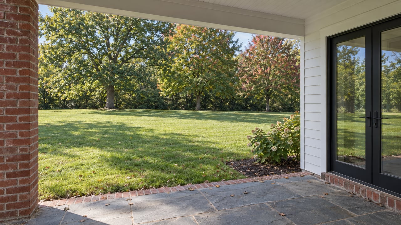 Rear porch overlooking a broad lawn, with a brick pier, glazed doors, and three mature trees.