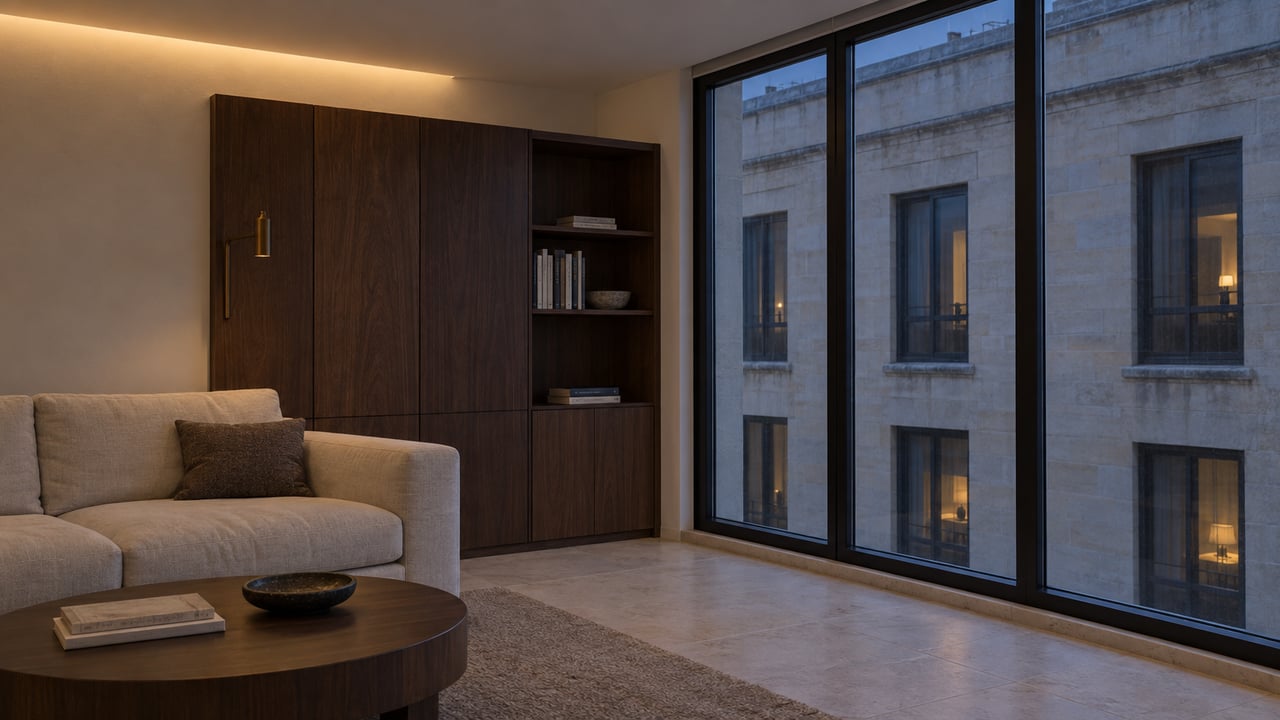 Living room with a cream sofa, walnut built-in, and a large window facing a limestone facade.