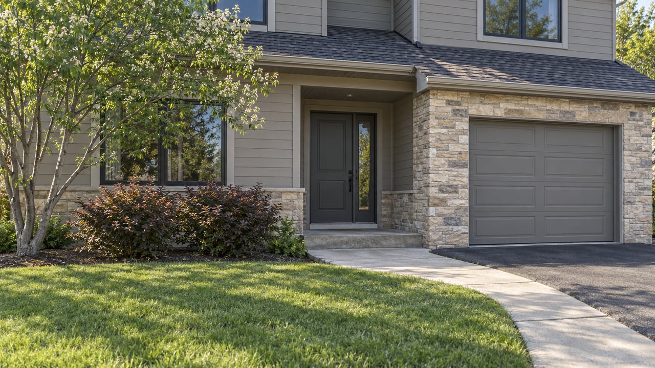 Two-story taupe home with stone garage pier, paneled garage door, front entry, lawn, and curved concrete walk.