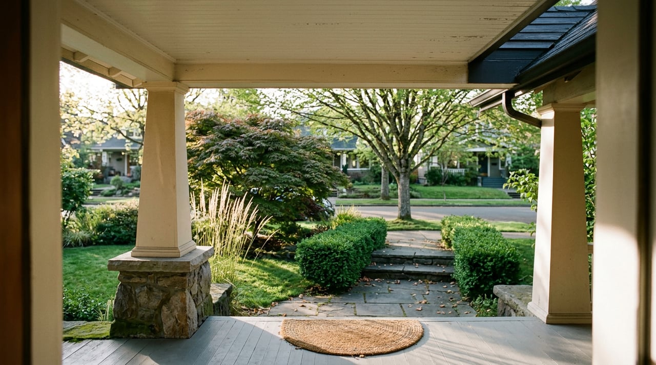 Craftsman porch with off-white columns overlooking a clipped hedge, red-green Japanese maple, and narrow lawn.