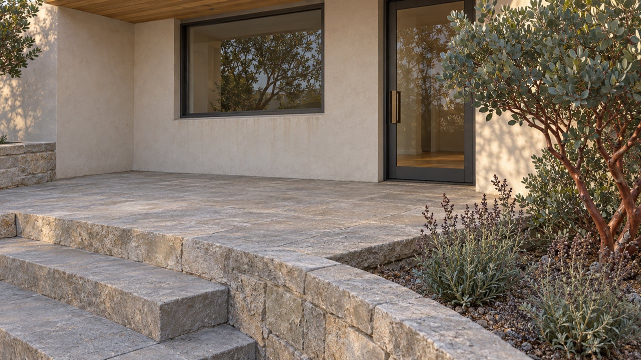 Stone entry terrace and descending steps beside a plaster hillside home, with dark-framed glazing and a red-branched manzanita.