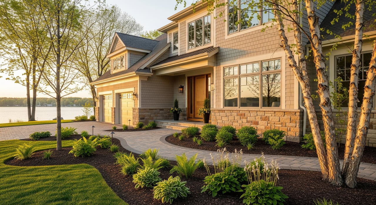 Large shingle-sided lakeside house with stone foundation, curved walkway, and landscaped garden beds.