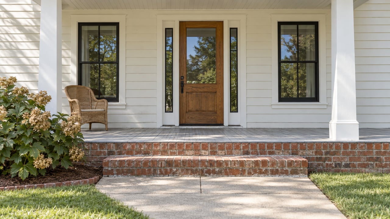 White house entrance with a wooden door, wicker chair, and brick steps.