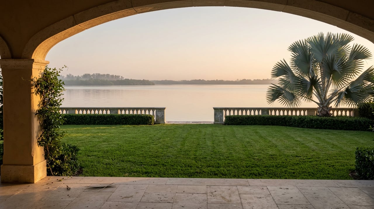 Stone arch framing a waterfront lawn, silver-blue palm, low balustrade, and still water at dawn.