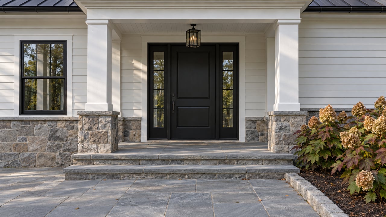 White clapboard and gray stone home entry with black door, covered bluestone porch and autumn oakleaf hydrangeas.