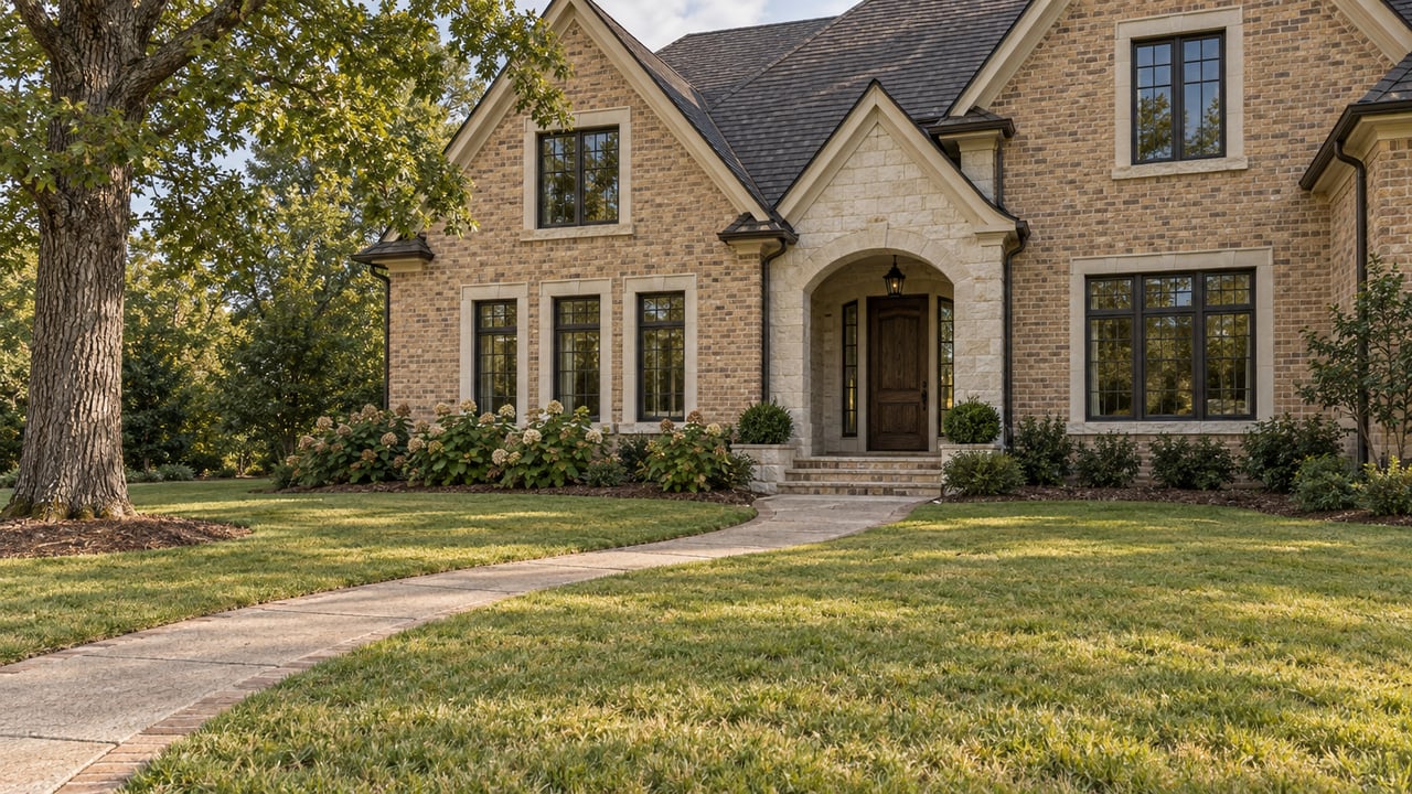 Deep lawn and curved concrete approach leading to a substantial brick home with a recessed limestone entry, steep gables and a mature oak.