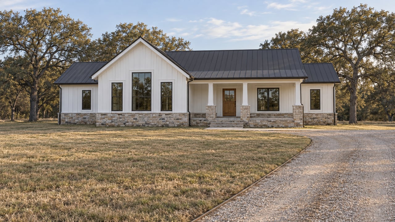 White gabled farmhouse beyond a broad buffalograss yard, with a gravel approach, limestone porch and mature post oaks.