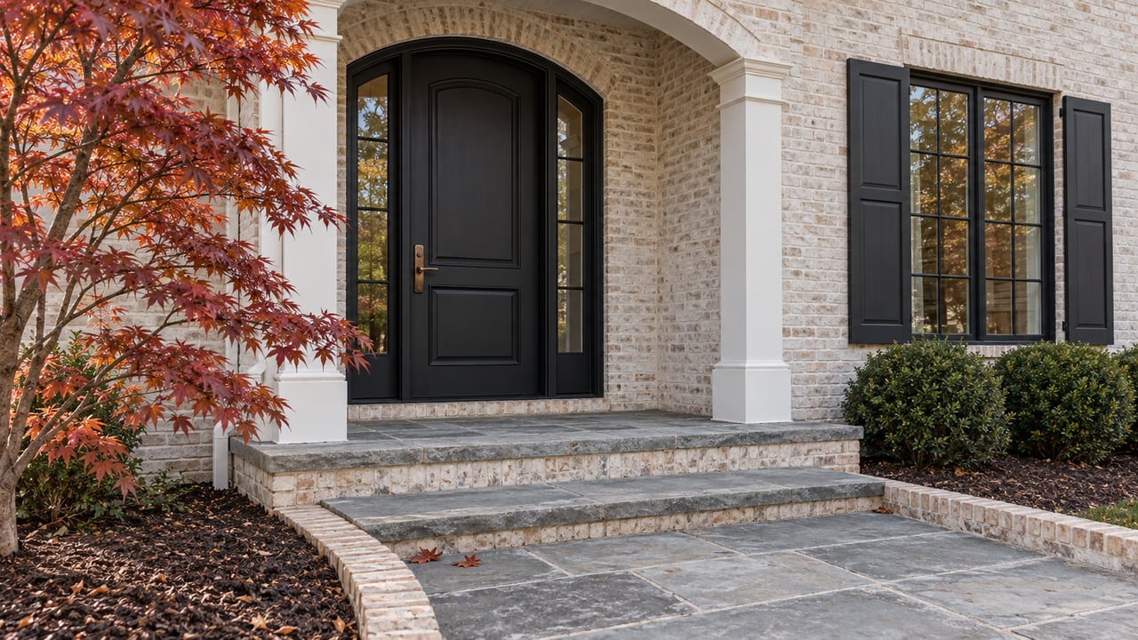 Arched black front door with paired sidelights, limewashed brick, bluestone steps, and copper-red Japanese maple leaves.