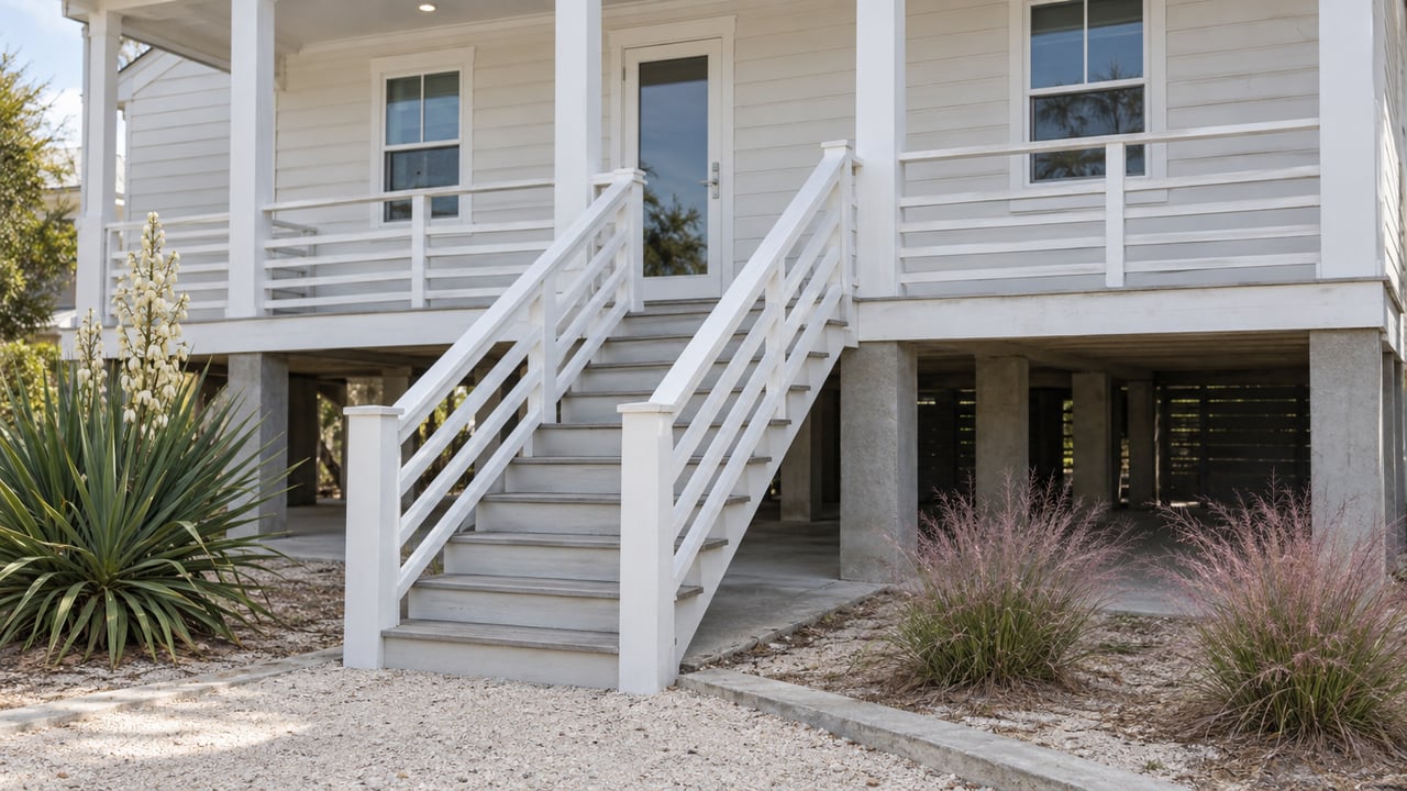 Raised coastal cottage with a diagonal staircase, white porch rails, and yucca beside the sandy path.