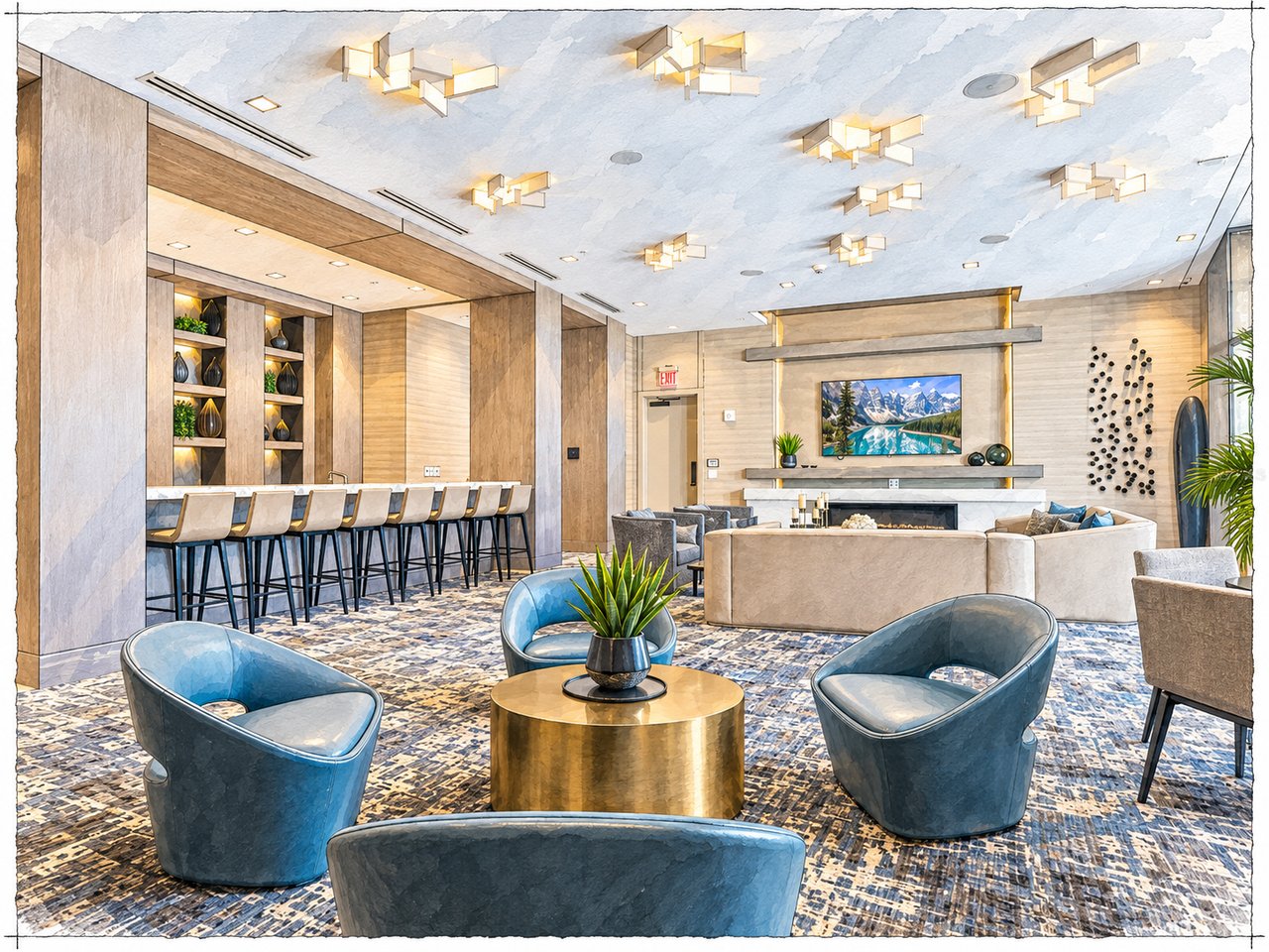 The Mark Sarasota amenity lounge with a long bar, fireplace seating area, and blue accent chairs.
