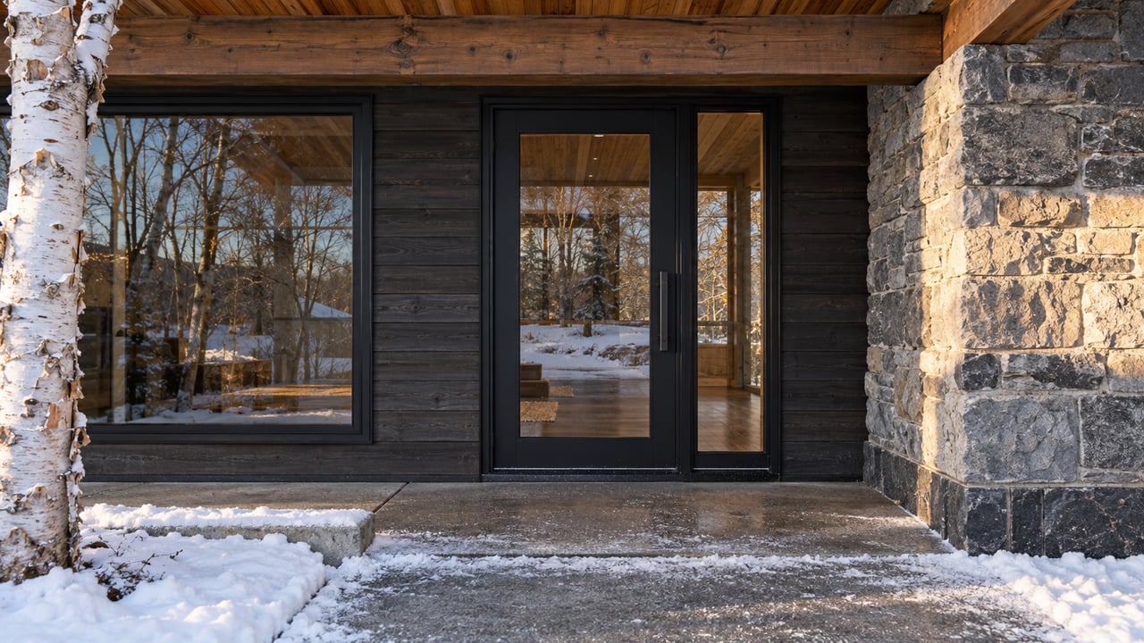 Winter light grazes a timber-and-stone home entrance beside a birch tree and snow-edged concrete landing.