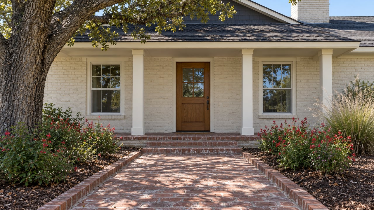 A cream-painted brick home with an oak front door, shaded brick porch, and red flowering sage beside a gently worn brick approach.