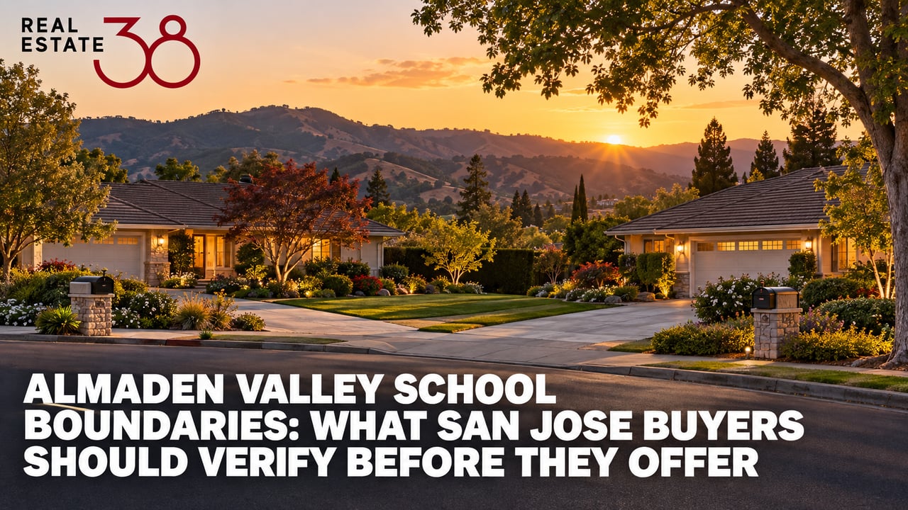 Two similar Almaden Valley homes across a quiet San Jose street, foothills behind, lit by golden late-afternoon light.