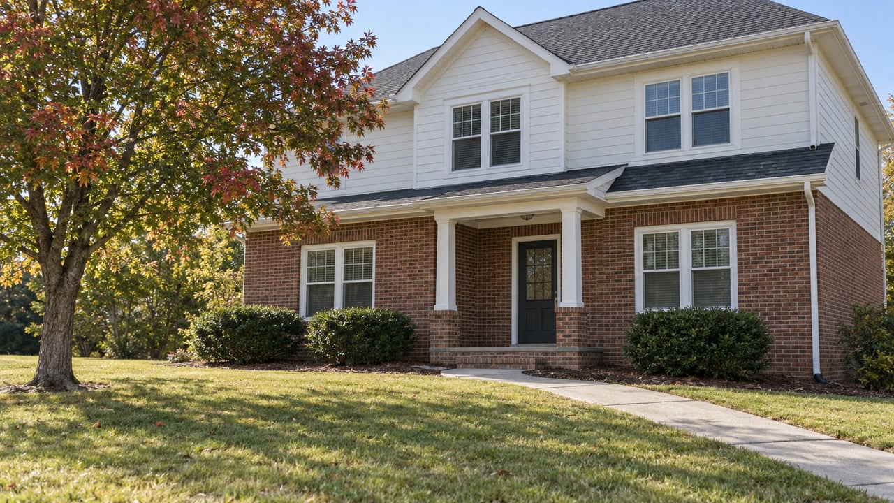 Brick and white-sided two-story home beyond a deep autumn lawn, with a covered entry and a red maple beside the approach.