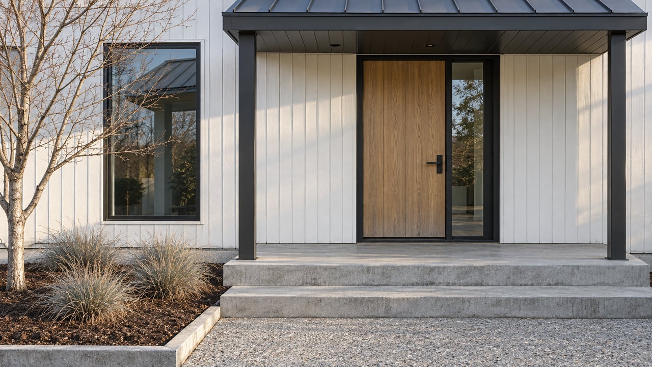 Winter afternoon light on a contemporary home's oak front door, black-framed window, white vertical siding and concrete entry steps beside a leafless maple.