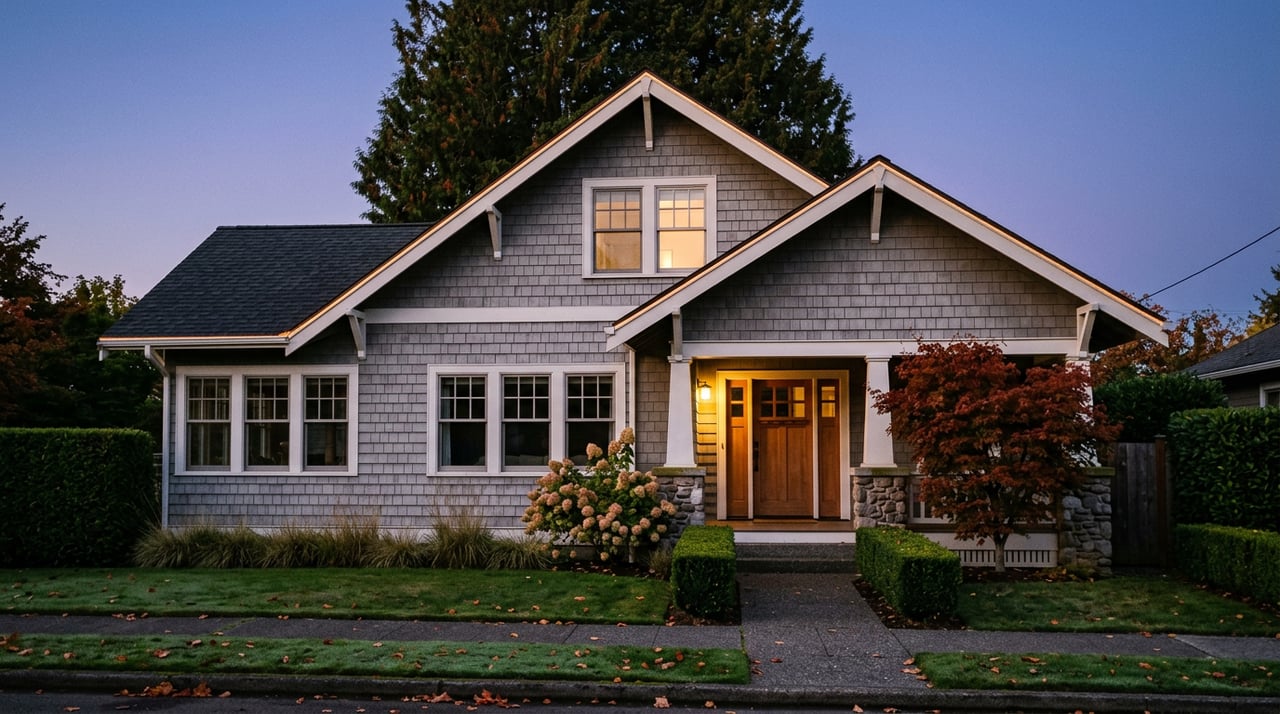 Two-story cedar-shingle Craftsman home at dusk, with a red-orange vine maple, lit porch sconce, and glowing upstairs window.