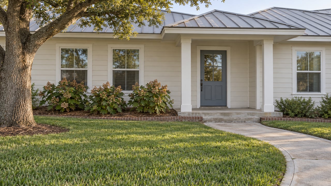 Single-story cream-sided home with a gray metal roof, recessed entry and deep lawn in soft afternoon light.
