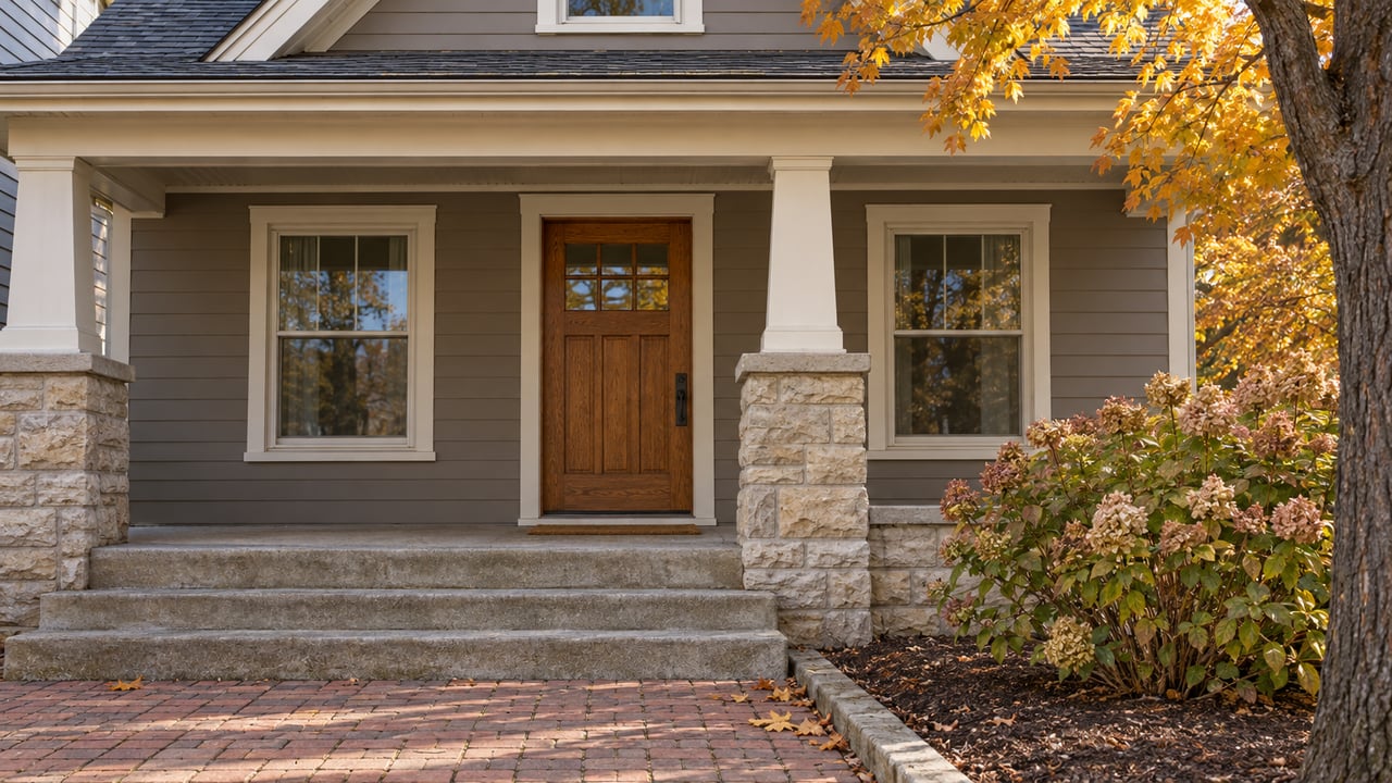 An oak front door and paired windows beneath a covered porch, with limestone piers, worn concrete steps and autumn planting beside a clay-paver walk.