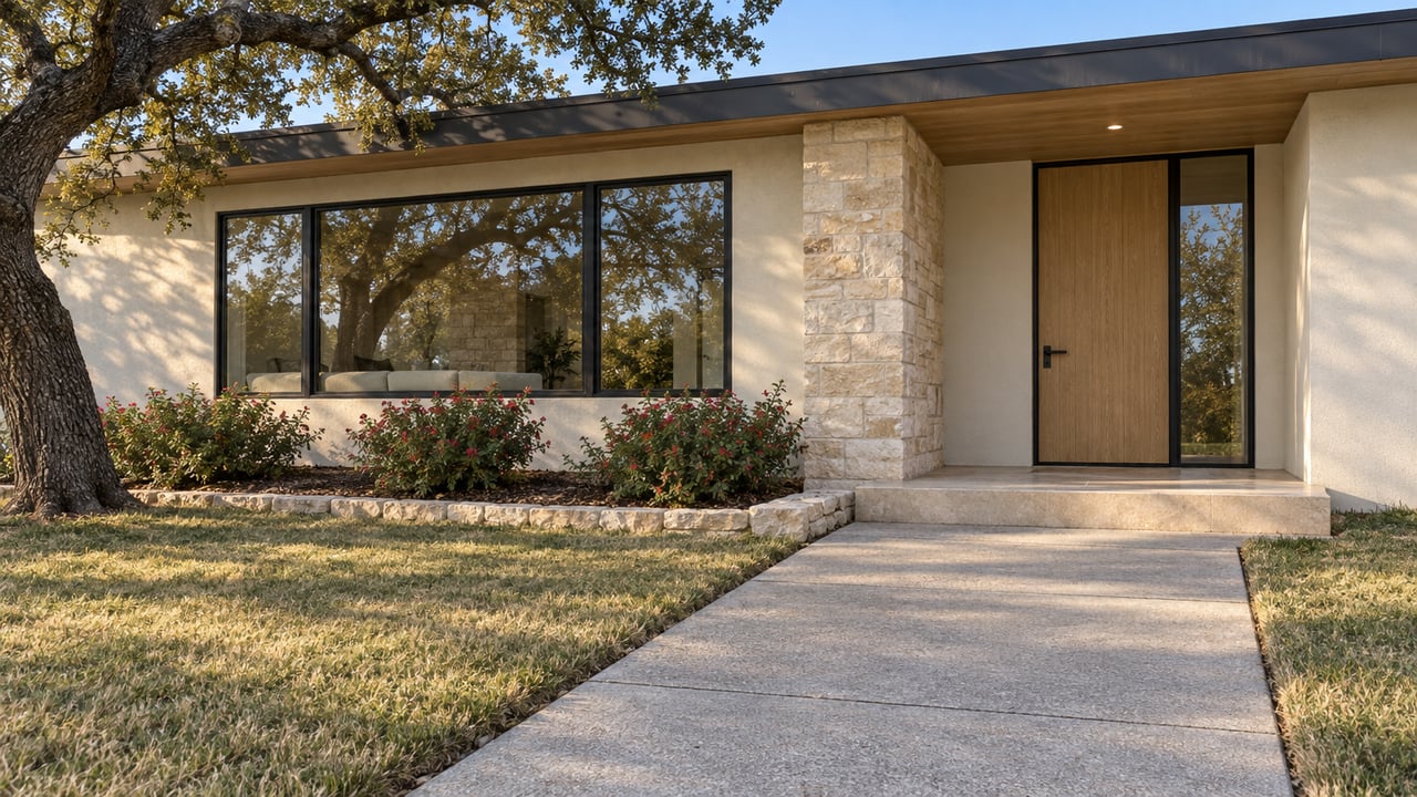 Modern single-story home with an ivory stucco facade, limestone porch pier, oak front door and a broad concrete approach beneath a spreading live oak.