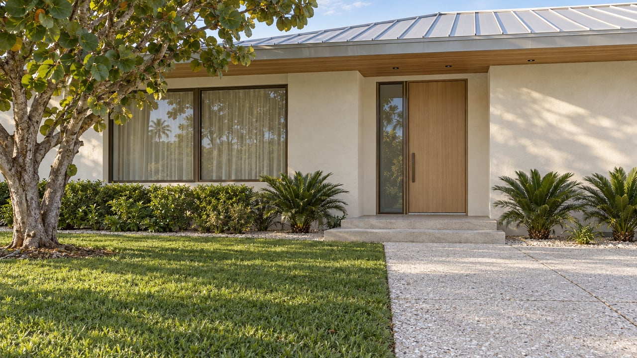 Sunlit pale-stucco coastal home with a wood-lined entry, bronze-framed windows, shell-aggregate walk and sculptural sea grape tree.