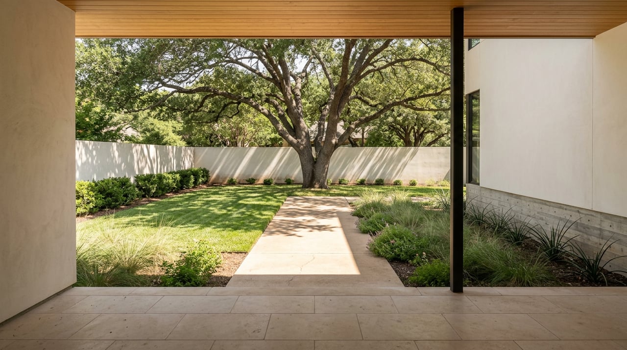 Covered limestone porch overlooking a sunlit walkway, landscaped lawn, and mature oak tree.