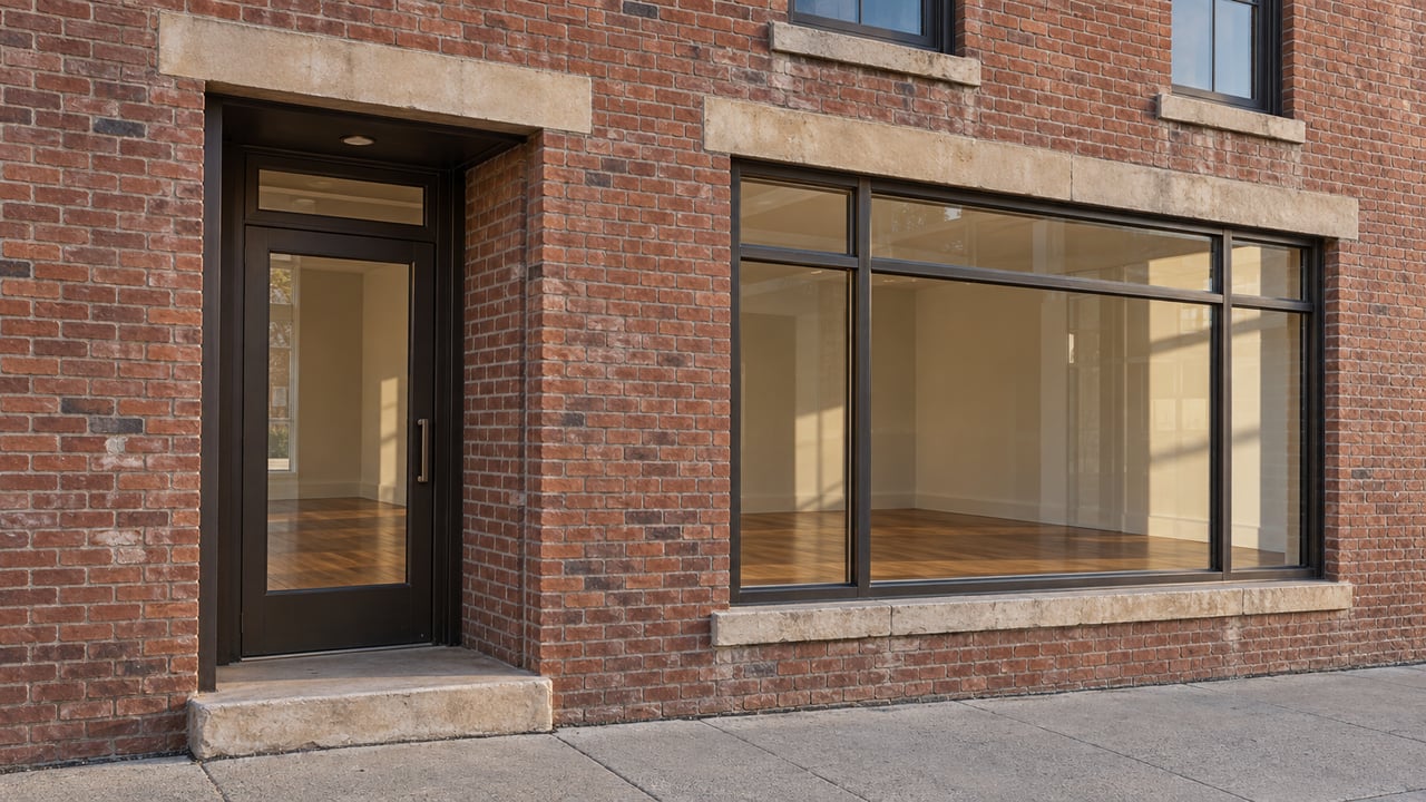 Red-brown brick storefront with limestone-trimmed windows and a recessed glazed entry.