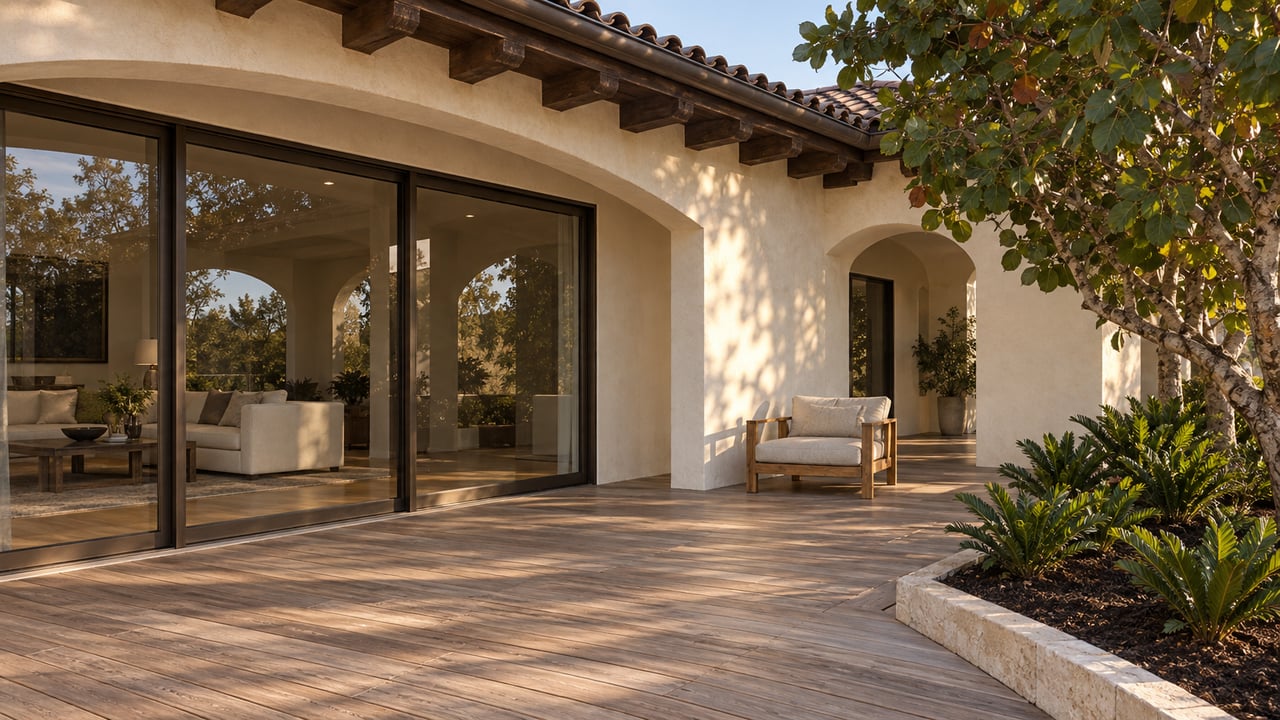 Sunlit estate terrace with cream stucco arches, weathered wood decking, closed bronze-framed glass doors and a teak lounge chair beside a sea grape tree.