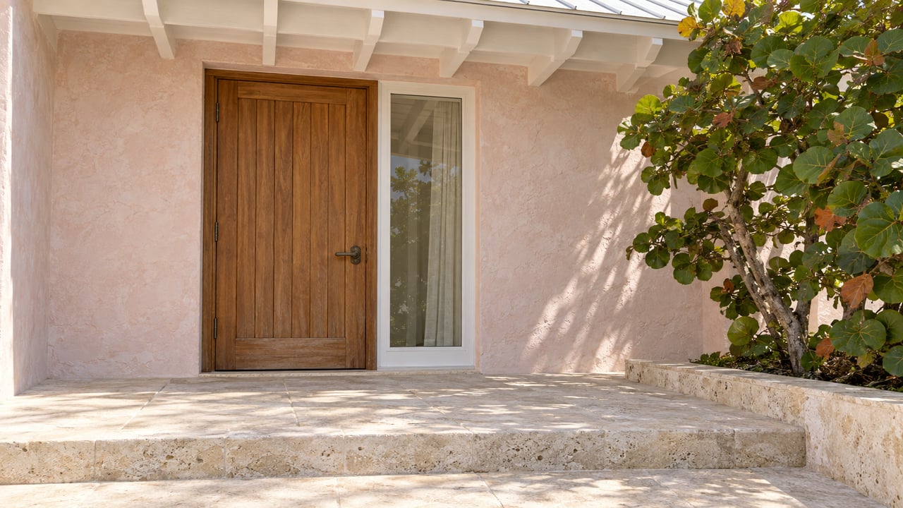 Sheltered coastal cottage entrance with a teak door, pale pink stucco, limestone steps and a sea grape tree.