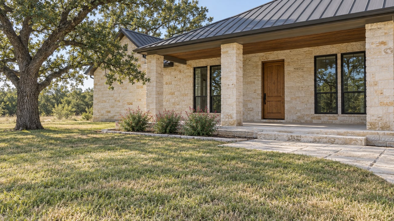 Cream limestone home with a covered porch, dark metal roof, oak front door, and broad lawn beneath a mature post oak.