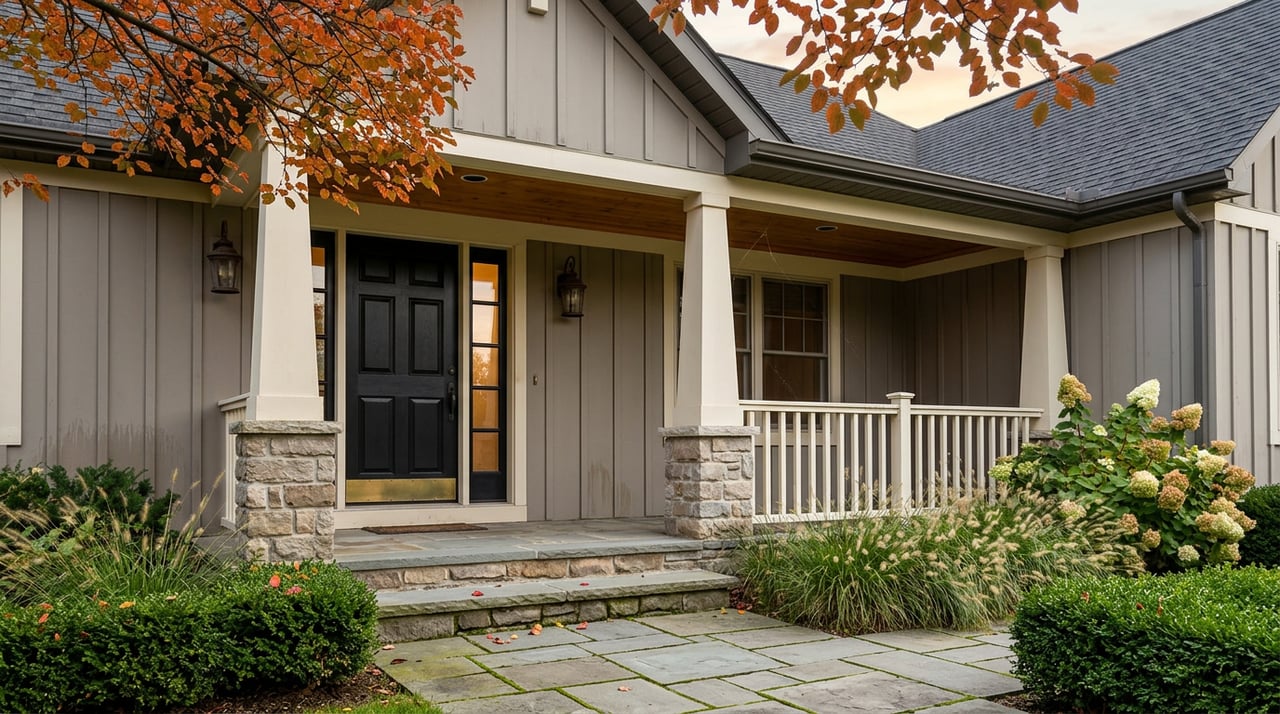 A gray board-and-batten gable rises above a porch with cream columns, fieldstone steps, and orange-red serviceberry leaves.
