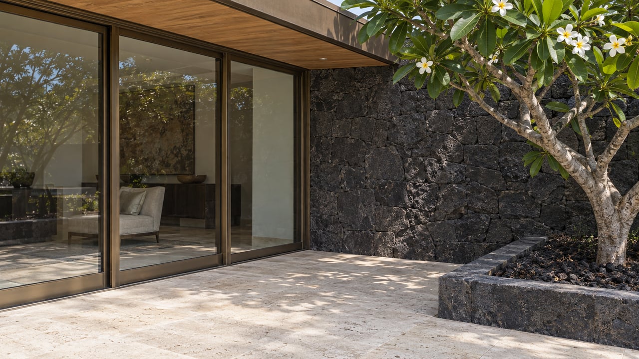 Close view of bronze-framed terrace doors, a dark basalt wall and pale stone paving beside a flowering plumeria.
