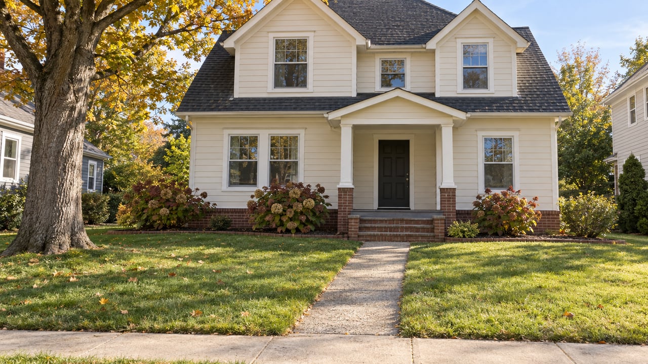 Cream two-story house with a covered entry, brick foundation, and autumn trees.