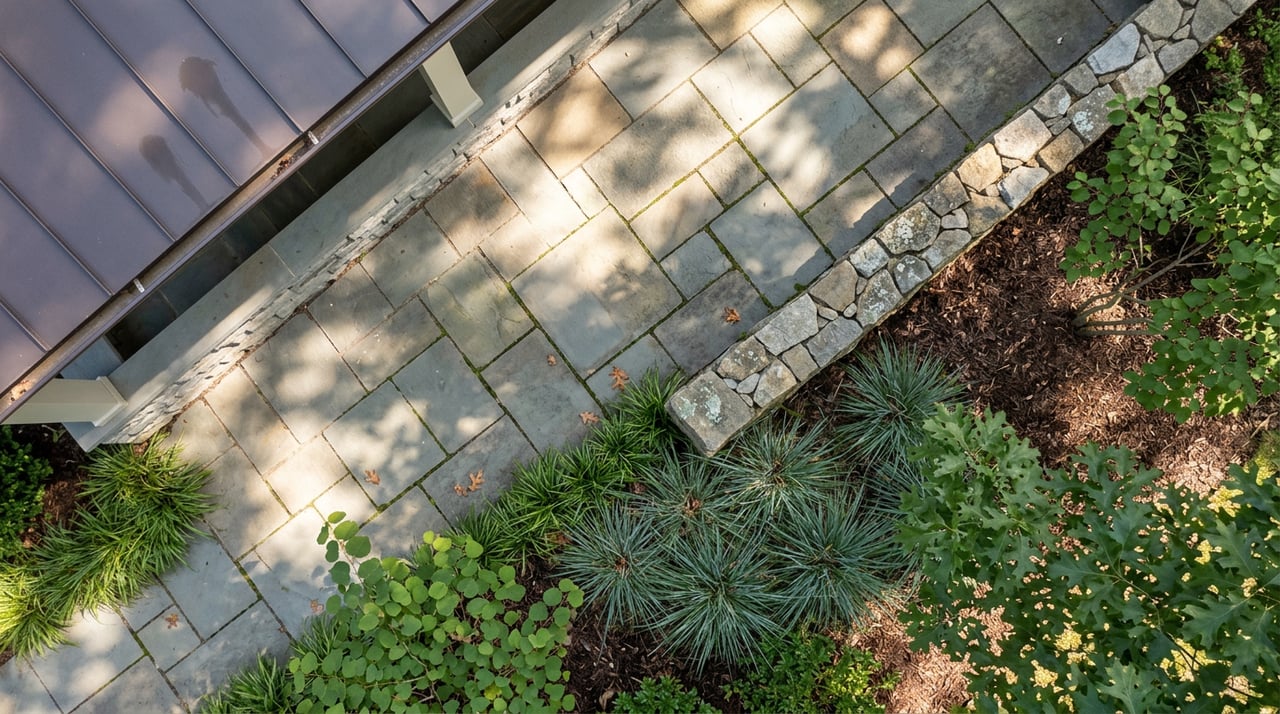Bluestone terrace beside a fieldstone wall and native grasses, with redbud and serviceberry trees casting dappled shadows.
