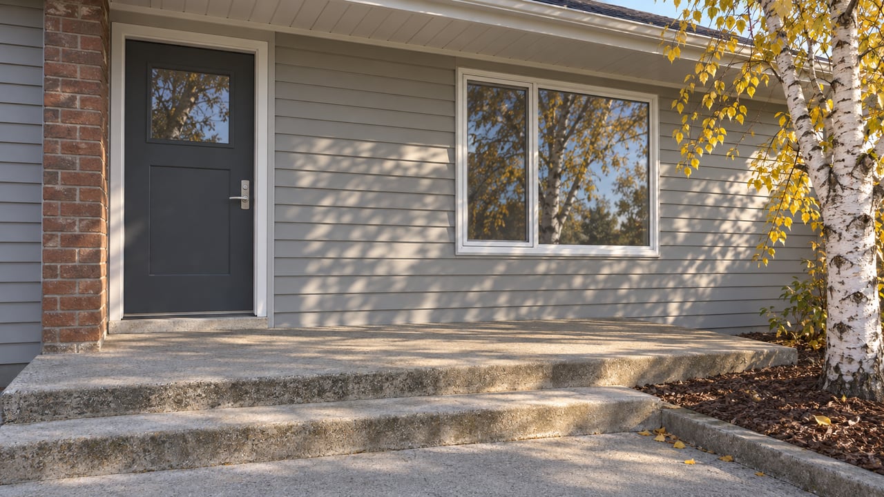Morning light crosses a gray-sided home's closed entry, concrete steps and white-barked birch with yellow autumn leaves.