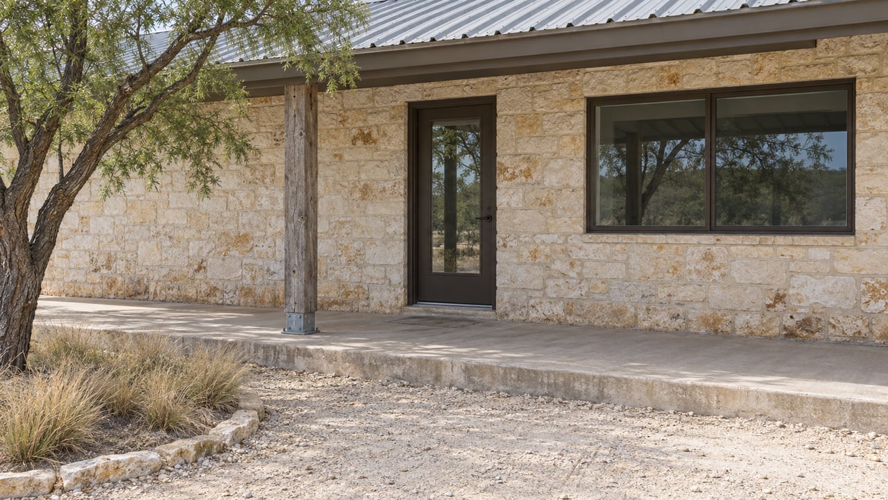 A limestone ranch home's covered porch with a weathered timber post, glazed door, metal roof and pale caliche approach beside a mesquite tree.