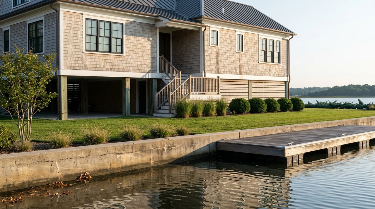 Shingle-clad waterfront home raised on timber piers above a private dock and calm lagoon.