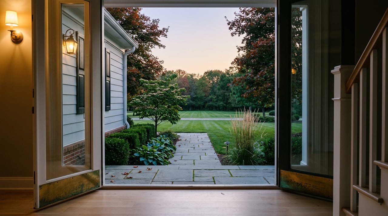 Open doorway frames a bluestone walk and lawn beneath maple trees at dusk, with a warm porch light.