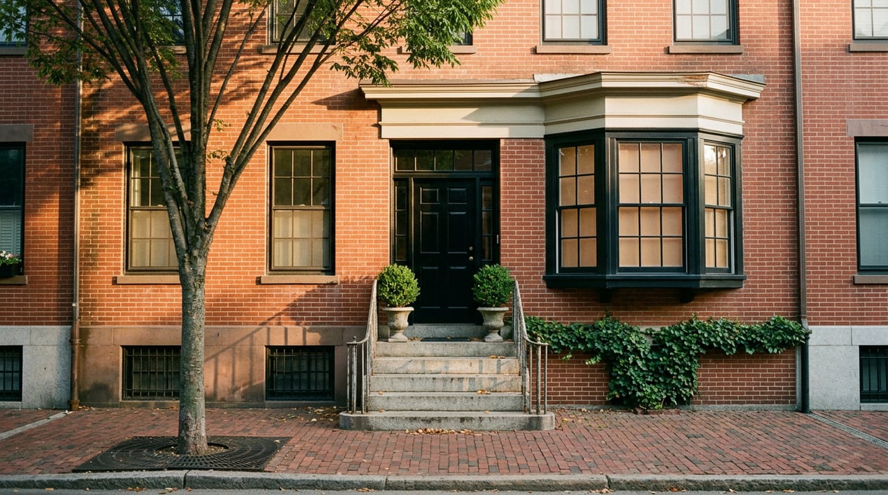 Brick rowhouse with a bow window, granite stoop, iron railings, and a leafy street tree.