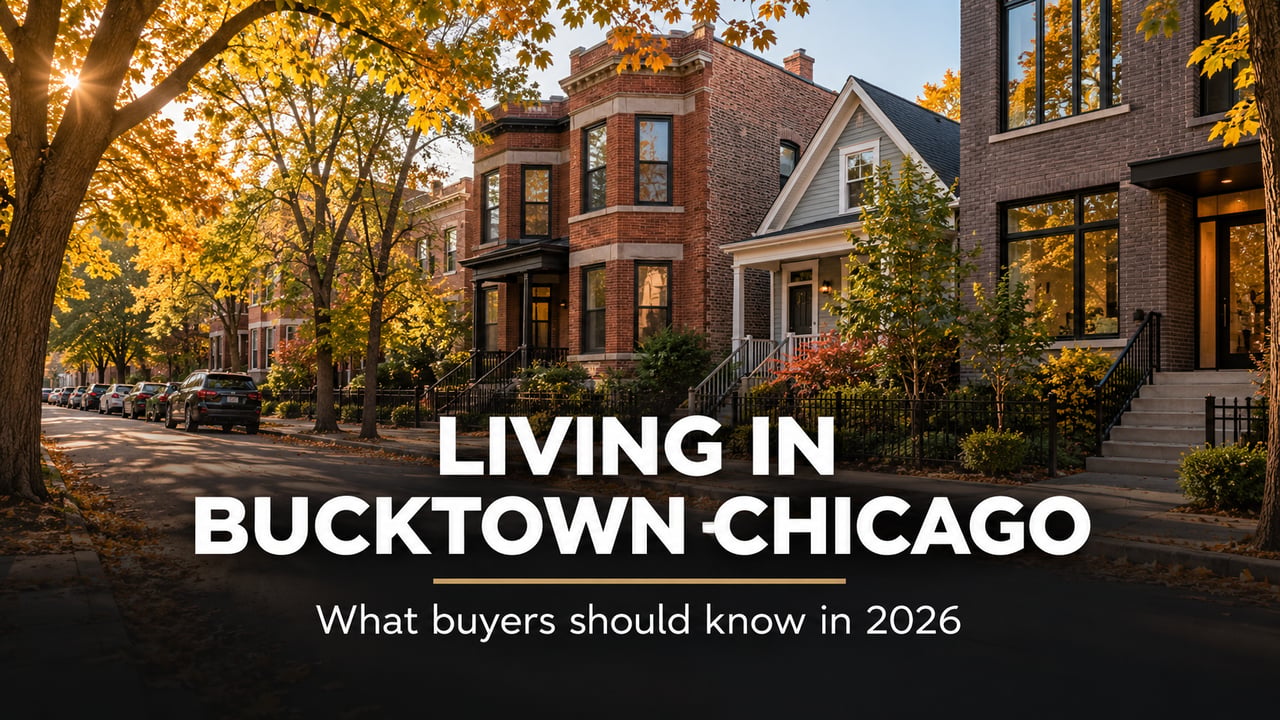 Tree-lined residential street with brick homes in Bucktown, Chicago