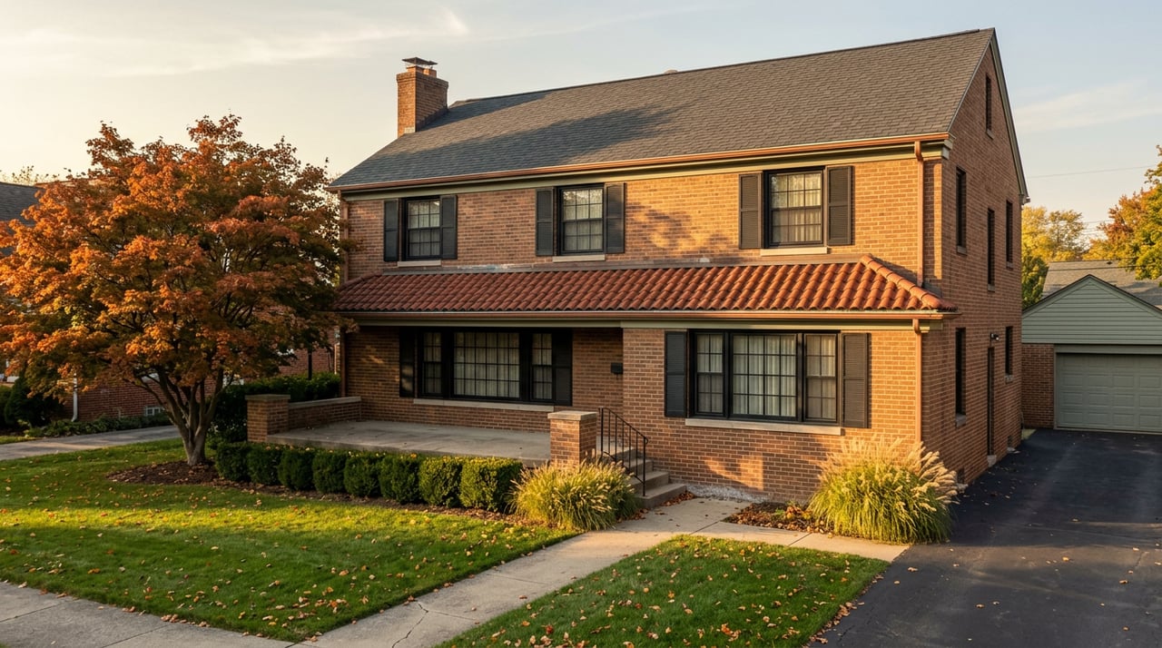 Two-story brick house with a red-tiled terrace, detached garage, and orange-red maple beside a broad lawn.