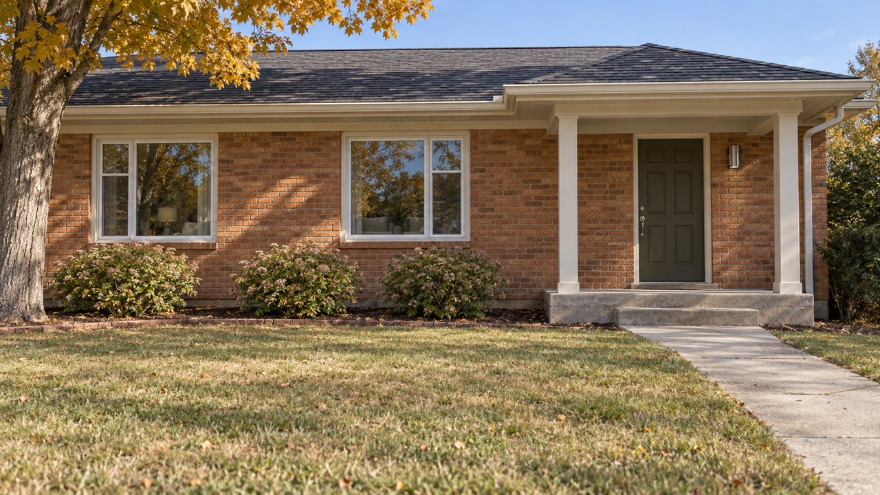 A modest red-brick home with cream window frames, an olive front door, and an autumn lawn beside a golden-leaved maple.