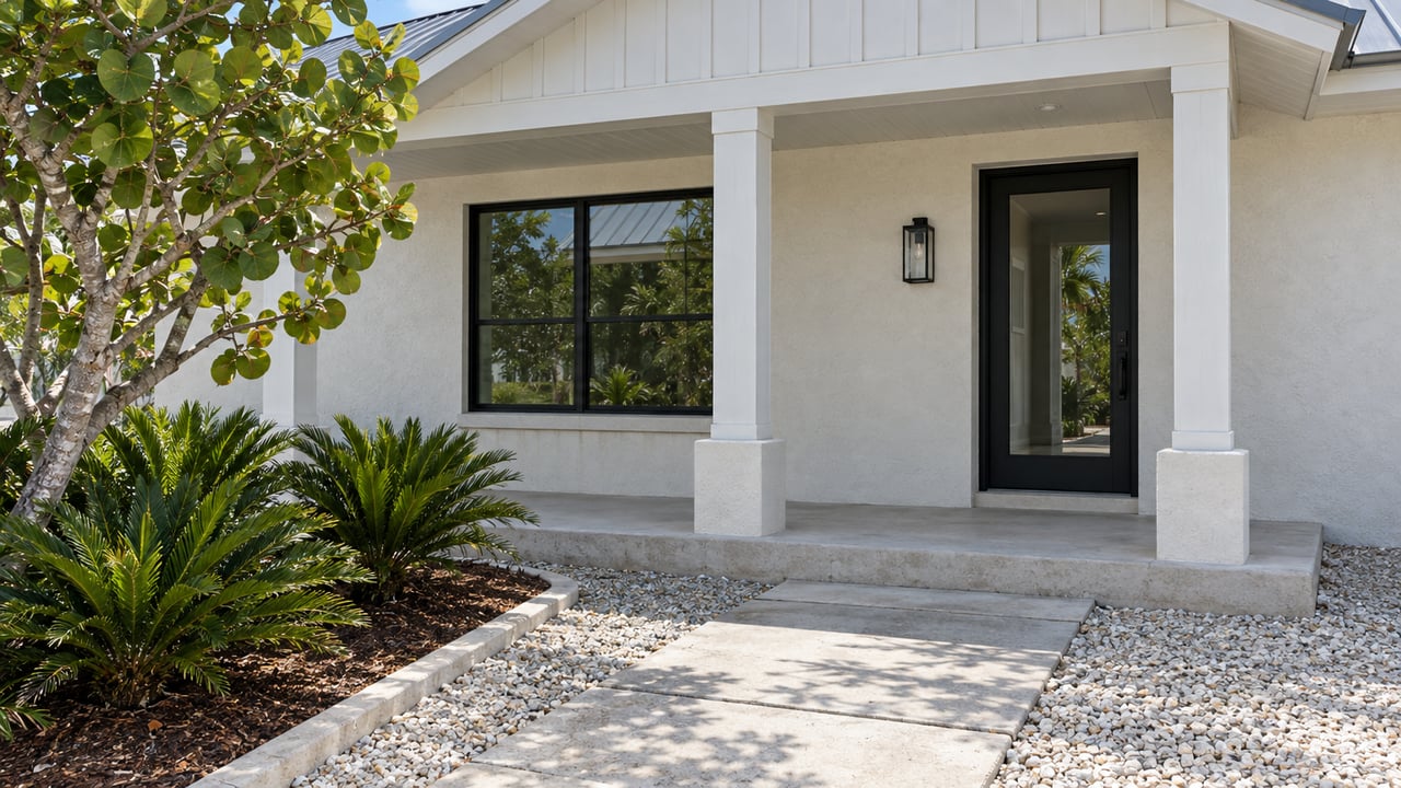 Sunlit white stucco home with a shaded porch, black-framed glazed door, shell aggregate approach and sculptural coastal planting.