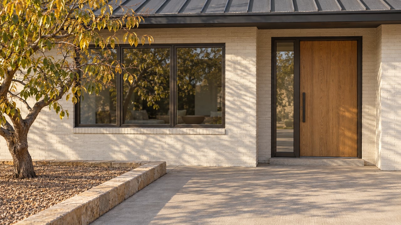 Updated ranch entry with painted brick, an oak door, bronze-framed glazing and an autumn peach tree beside a sandstone-edged concrete approach.
