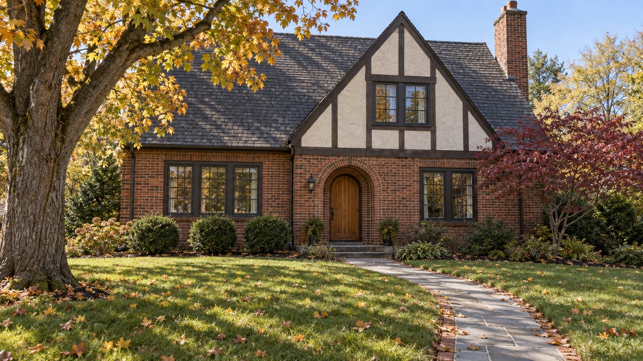 Traditional brick and half-timbered home behind a deep lawn and curved stone walk, framed by autumn maple and dogwood foliage.