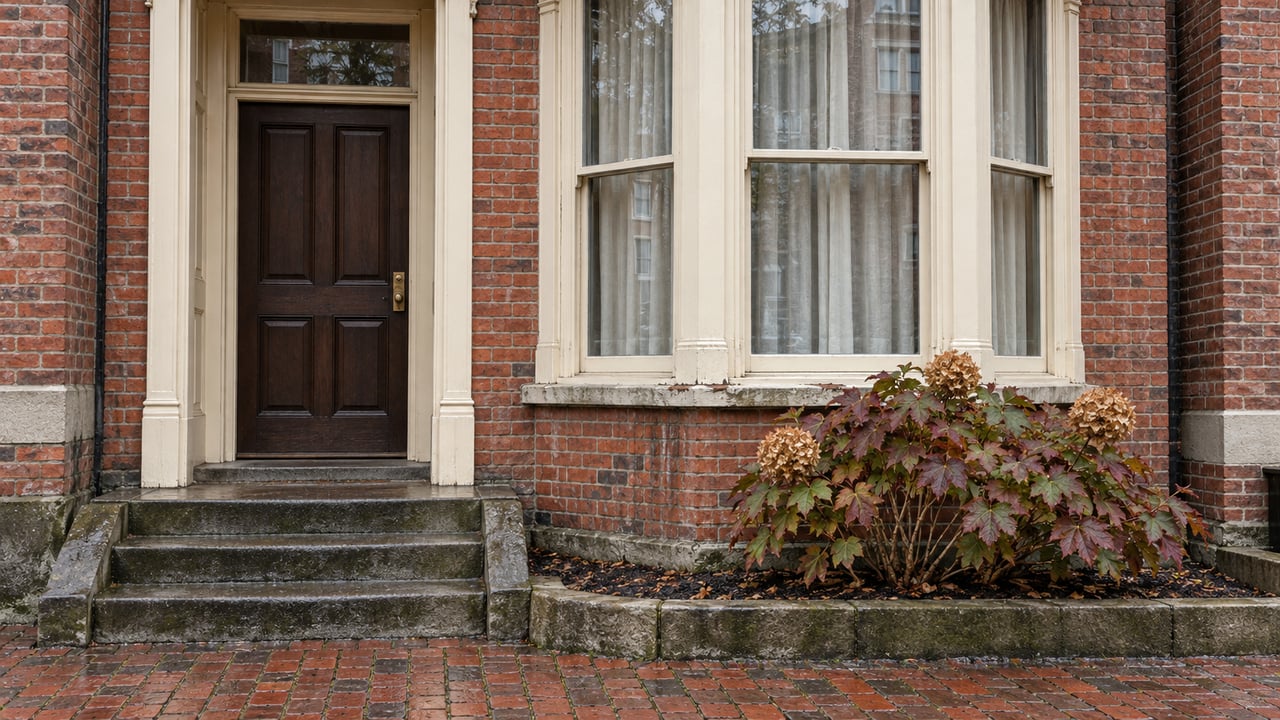 Weathered red-brick home with cream bay windows, a dark timber door, worn limestone steps and autumn oakleaf hydrangea.
