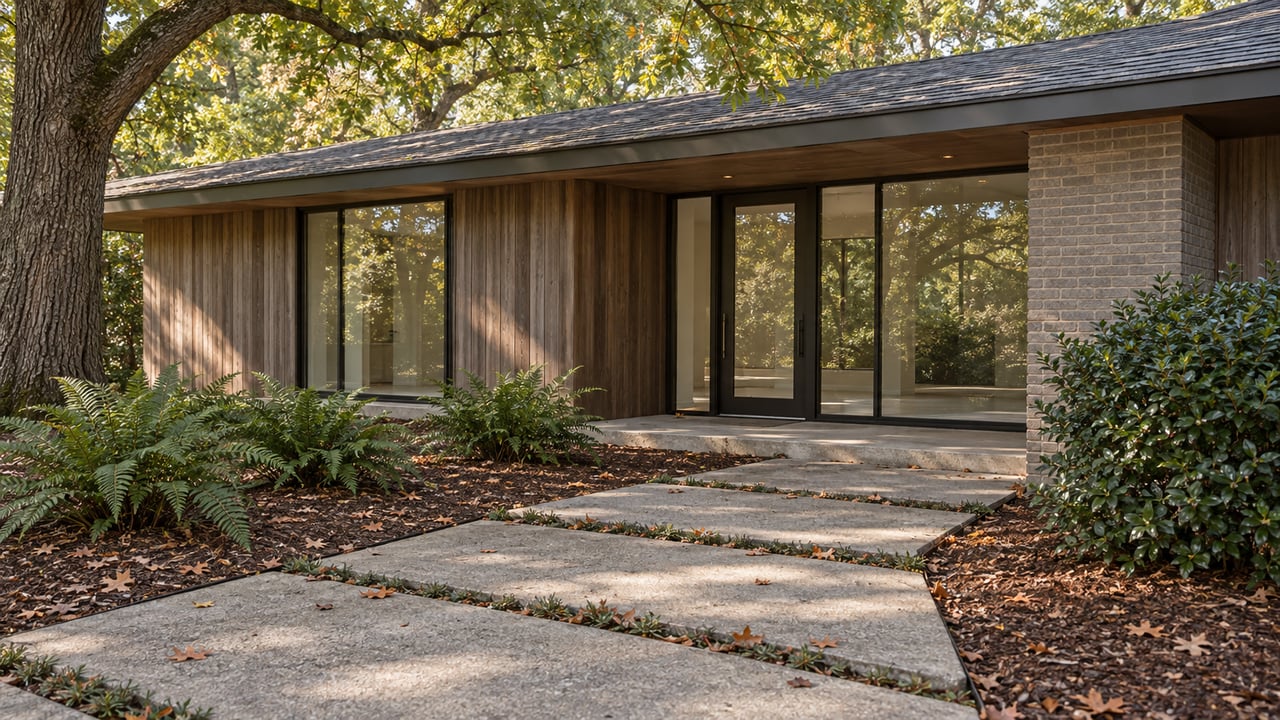 Low house with cedar siding, brick pier, glazed entrance and concrete path beneath oak branches.