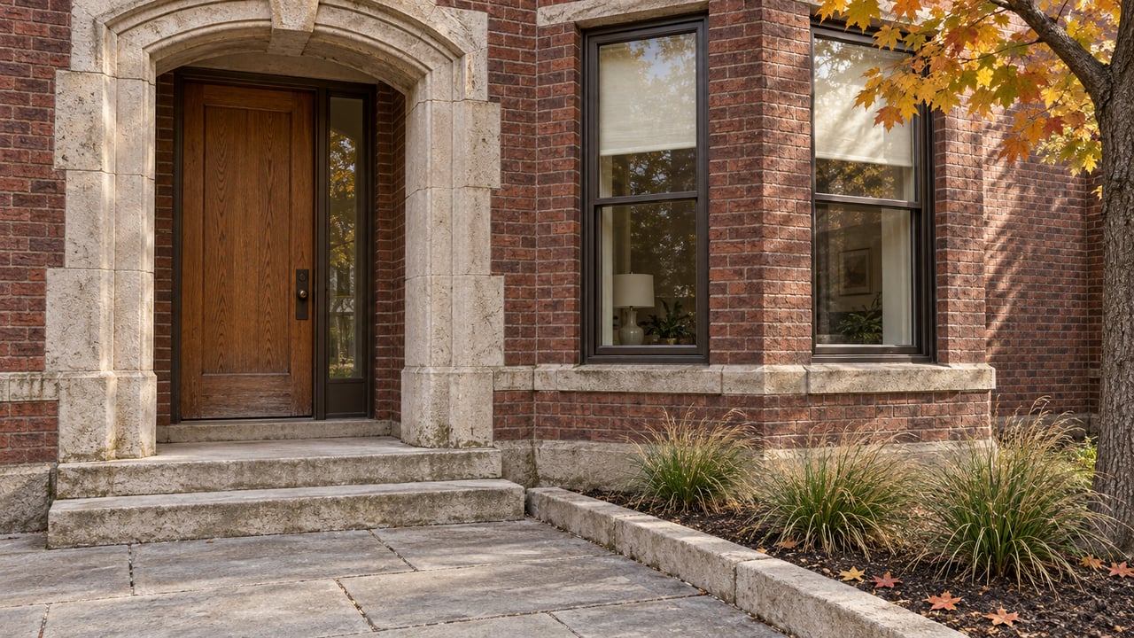 Red-brown brick home with a buff limestone arched entrance, oak door, bronze-framed bay windows and amber maple leaves.