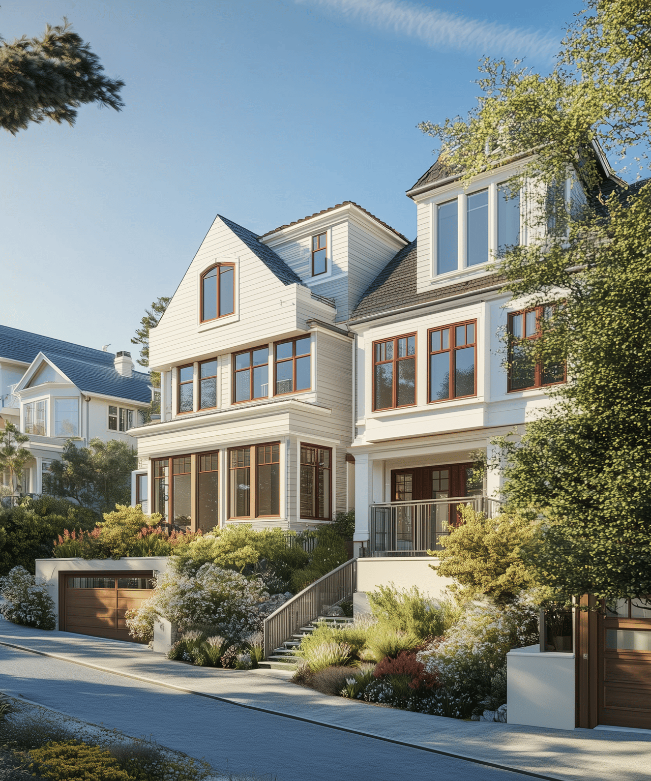 White multi-story house with reddish-brown window frames, landscaped gardens, and a street-facing garage.
