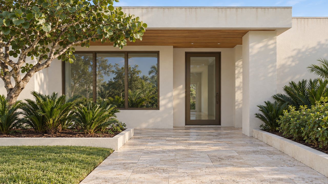 Morning light across a pale stucco home's recessed glazed entry, limestone approach and sculptural sea grape tree.